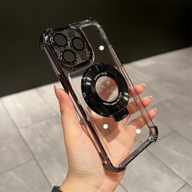 Stoßfeste Apple iPhone Schutzhülle mit magnetischer Beschichtung und integriertem Ständer, transparent mit goldener Akzentuierung, passend für iPhone 11 bis iPhone 17 Pro Max Plus - Bild 1