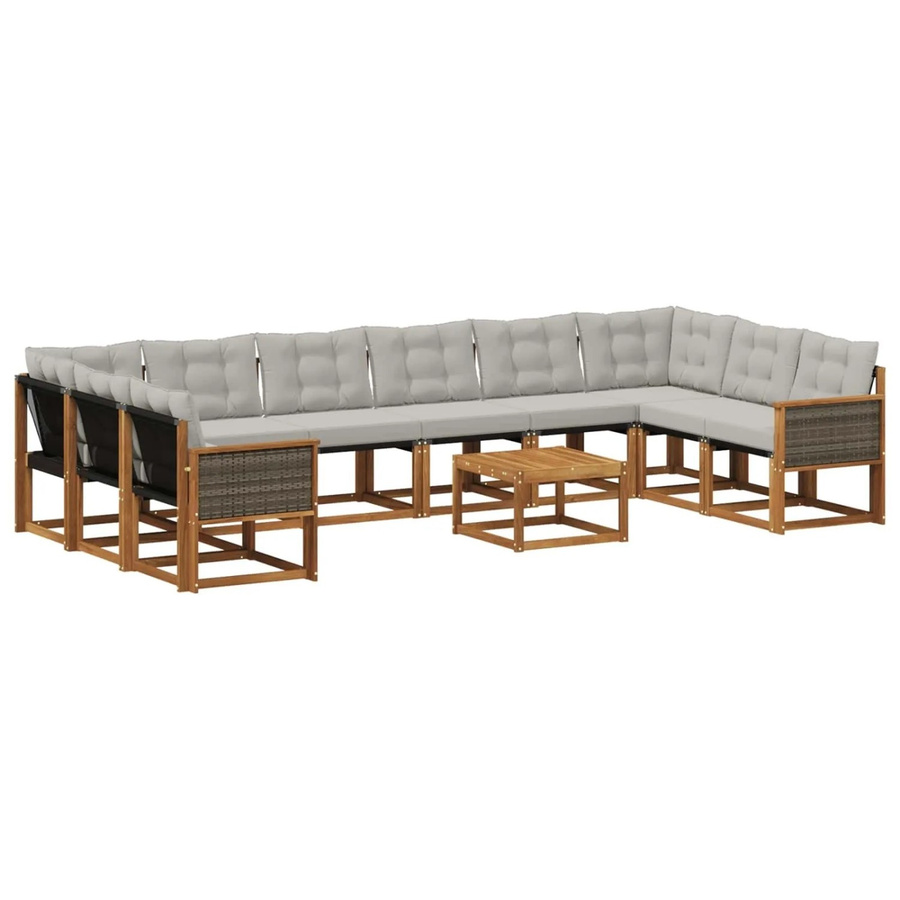 vidaXL Outdoor-Sofagarnitur in L-Form aus Massivholz Akazie mit 11-teiligem Set aus Textilene Stoff und Kissen in Natur und Hellgrau - Bild 2