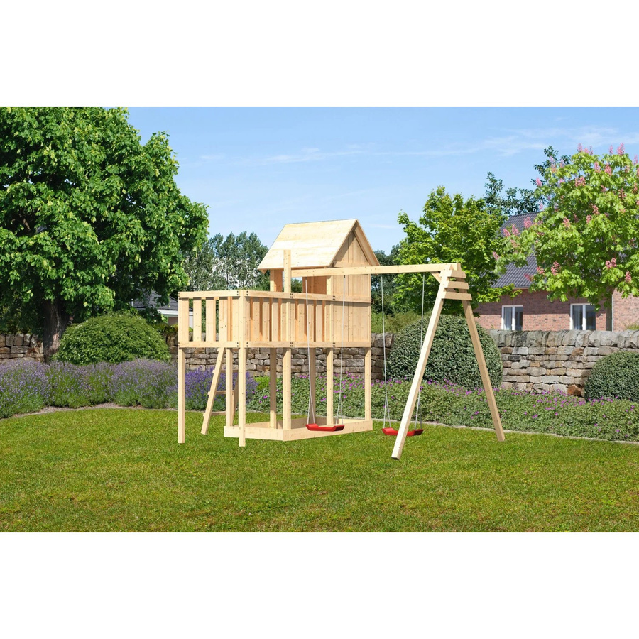 Karibu Stelzenhaus Frieda aus Massivholz mit Doppelschaukel, Anbauplattform, Holzleiter und Sandkasten in Braun - Bild 2