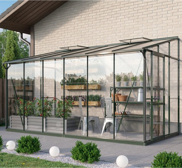 Vitavia Anlehn-Gewächshaus Osiris 7800 in Smaragdgrün mit Pultdach, 7,8 m², Aluminiumrahmen, ESG-Glas und Polycarbonat-Dachfenster - Bild 1
