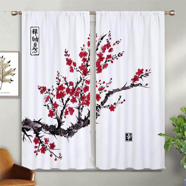 2er-Set Vorhang mit chinesischem Kirschblüten- und Landschaftsdruck, halbtransparent, Farbe: Weiß, B: 100 cm, H: 130 cm - Bild 1
