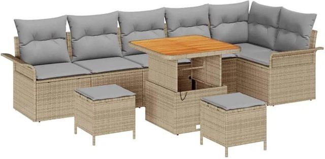 vidaXL Garten-Sofa-Set 9-tlg. in L-Form mit Kissen und Couchtisch, Beige und Grau - Bild 1