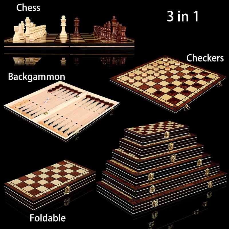 Aukuma Retro 3-in-1-Schachspiel, Backgammon-Schachspiel, Holz, faltbar - Bild 2