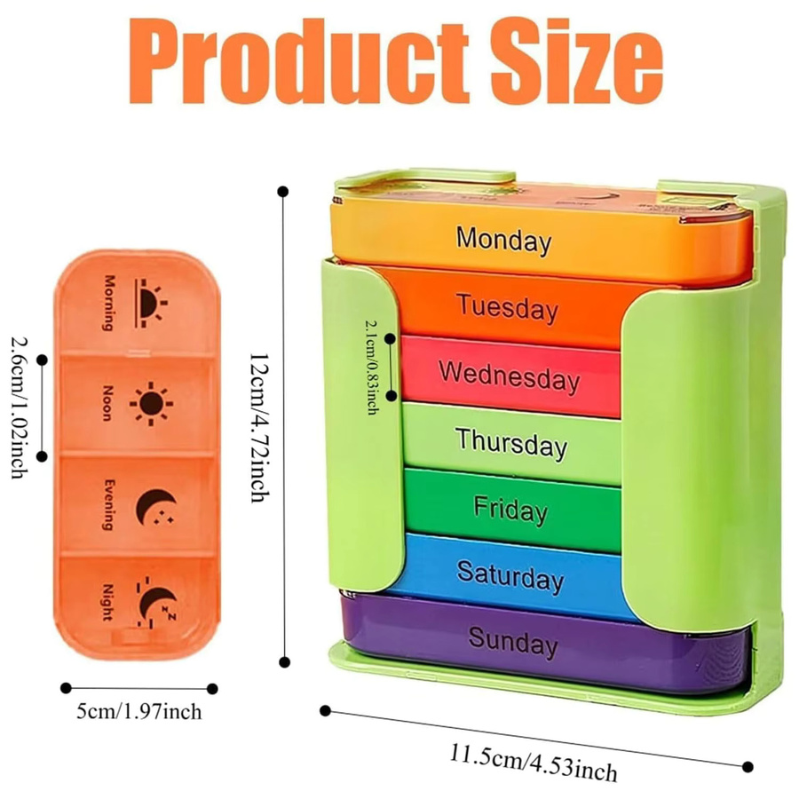 Untior 7-Tage-Medikamenten-Organizer in Grün und Multicolour mit großen Fächern für 4-mal tägliche Einnahmen, tragbare Pillendose für Vitamine und Tabletten, B/T/H: 12,0 x 11,5 cm - Bild 3