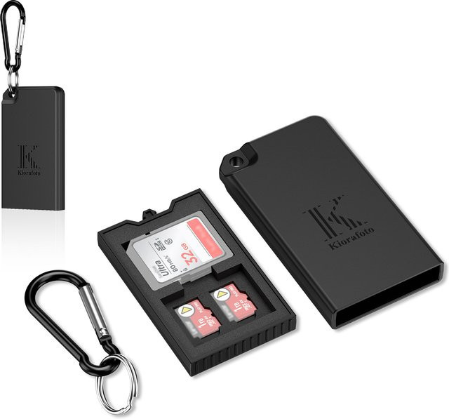 Stoßfeste und spritzwassergeschützte Pop-up Speicherkarten-Hülle in Schwarz für 2 SD SDHC SDXC und 4 TF MicroSD Karten - Bild 1