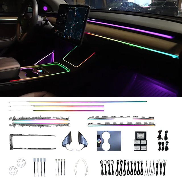Premium LED Ambientebeleuchtung für Tesla Model 3 und Model Y mit App- und Fernbedienung, RGB Neon Flex Lichtsteuerung in Multicolour - Bild 1
