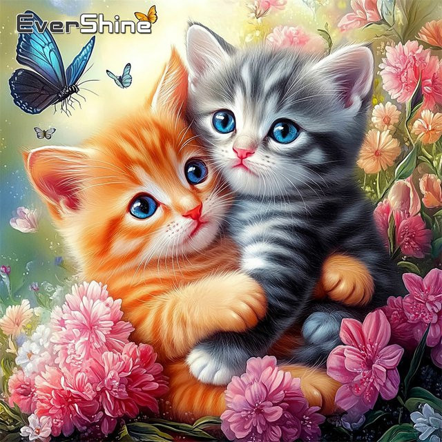Evershine Diamant-Stickerei Wandkunst mit Katzen, Hortensien und Schmetterlingen in Multicolour als Vollquadrat-Mosaik-Strass-Gemälde - Bild 1