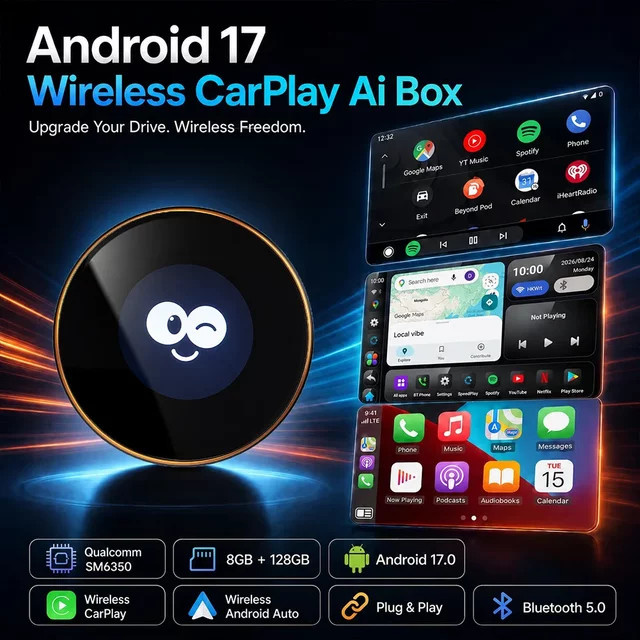 CarRocket Android 17 AI TV Box mit Wireless CarPlay und Android Auto, 8-Kern QCM6350 Prozessor, 128G Speicher, Split Screen Funktion, Schwarz - Bild 1
