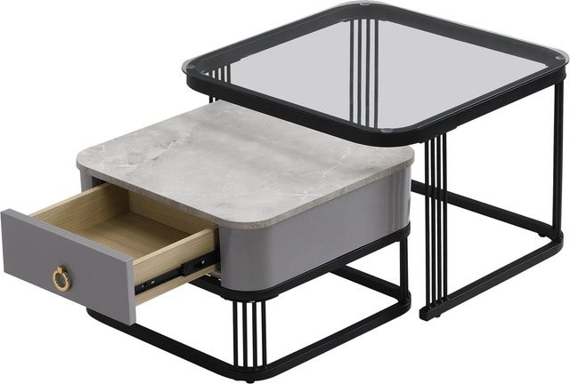 okwish Stapelbarer Couchtisch mit Schubladen und Glasplatte in Marmoroptik Schwarz, B/T/H: 60 x 60 x 42 cm - Bild 1