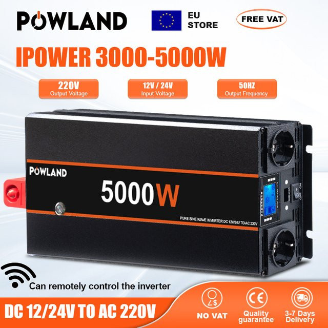 POWLAND DC 12V/24V zu AC 220V Auto-Wechselrichter mit EU-Stecker in Schwarz - Bild 1
