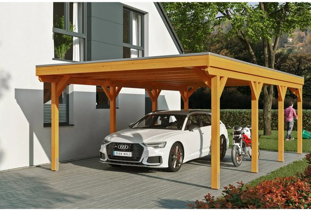 Skan Holz Carport Grunewald aus Fichte mit Aluminiumdach in Beige, B: 427 cm, T: 796 cm, H: 251 cm - Bild 1
