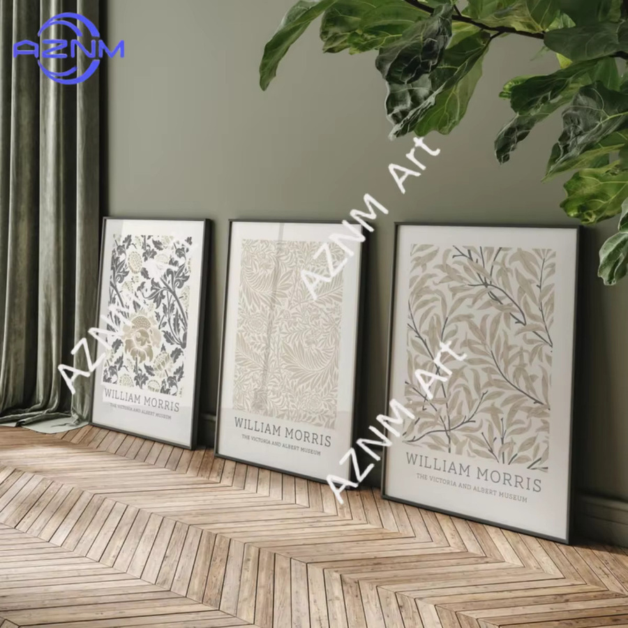 3-teiliges Set AZNM Leinwand-Wandkunst mit botanischen William Morris Blumenmotiven in Beige, moderne abstrakte Drucke für deine Heim-Dekoration - Bild 2