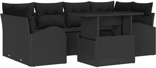 vidaXL Garten-Sofa-Set aus Poly Rattan in Schwarz, 7-teiliges Lounge-Set mit Kissen und Tisch mit Glasplatte - Bild 1