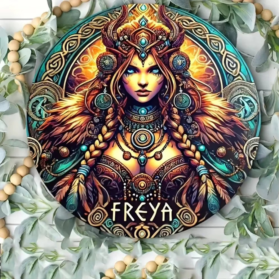 Vintage Blechgemälde Potdemiel Freya-Göttin Wandkunst mit Rüstung und Federdesigns - Bild 4