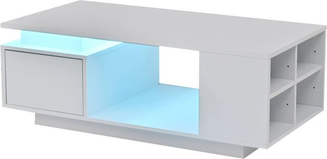 okwish Couchtisch mit LED Schublade und Ablagefächern in Hochglanz Weiß, B/T/H: 100 x 50 x 36 cm - Bild 1