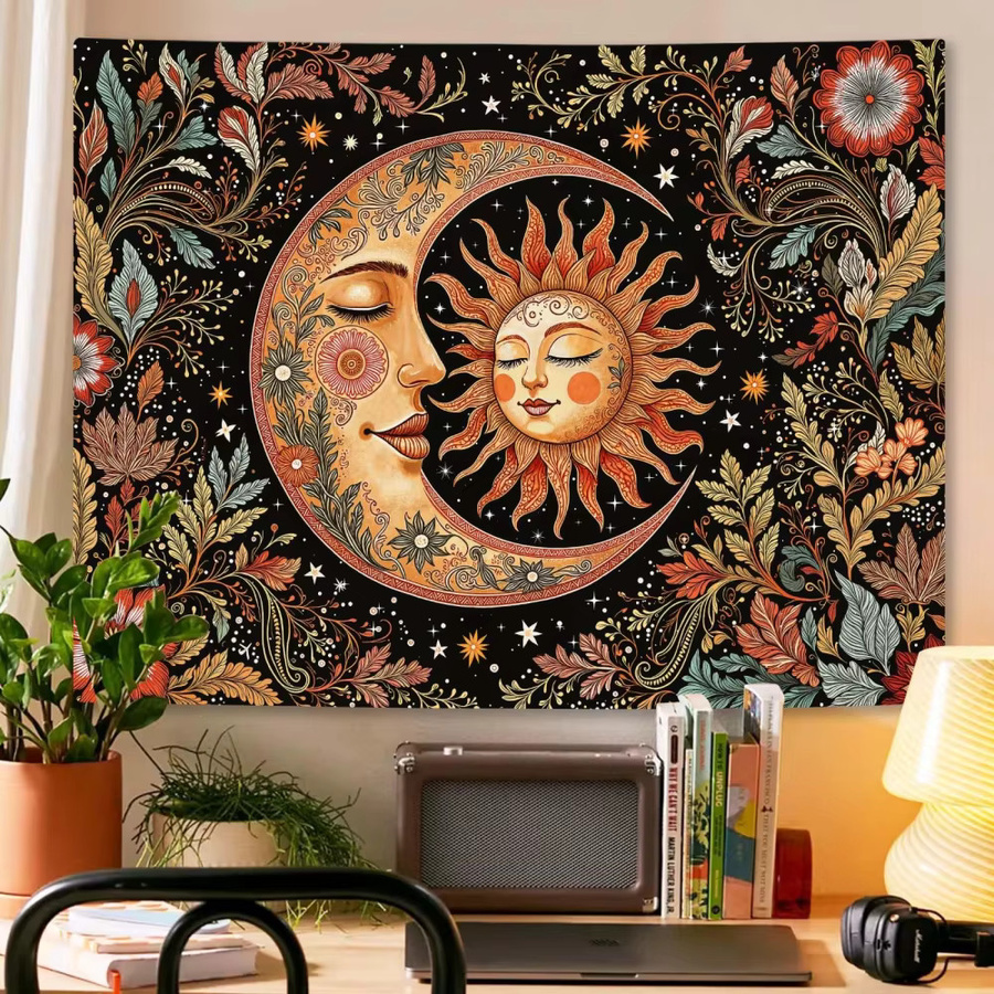 VIKAMA Vintage Sonnen- und Mond-Wandteppich im Boho-Stil, Mehrfarbig, B/H: 60 x 40 cm - Bild 2
