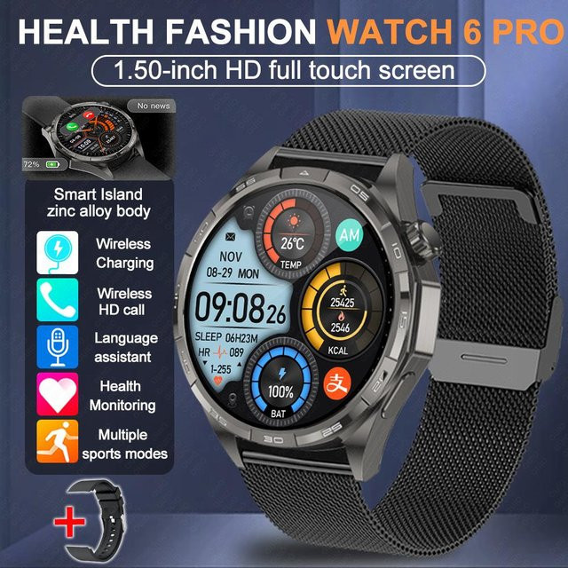 ZODVBOZ 6 Pro Outdoor-Sport Smartwatch für Herren mit 1,50 Zoll HD-Bildschirm, GPS-Streckenverfolgung, Höhenmesser, Barometer und Herzfrequenzmessung, Farbe Schwarz mit Mesh- und Silikonarmband - Bild 1