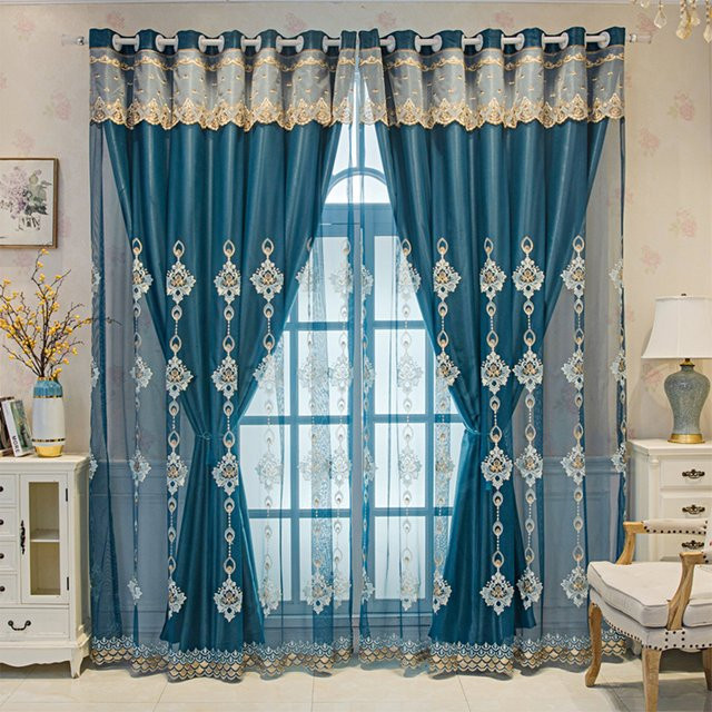 CENTURyMiG Vorhang mit floraler Stickerei im modernen koreanischen Bauernhaus-Stil, blau, lichtundurchlässig, B: 100 cm, H: 200 cm - Bild 1