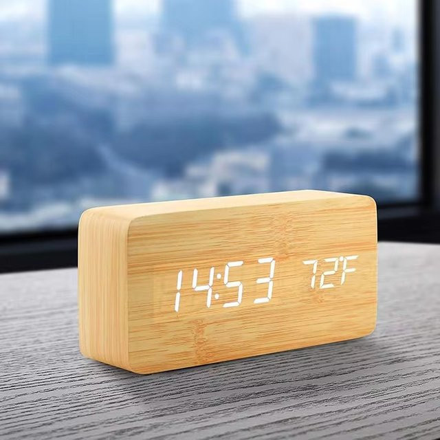 Niditon Digitaler Wecker aus Holz, LED-Tischuhr mit Temperaturanzeige in Schwarz - Bild 1