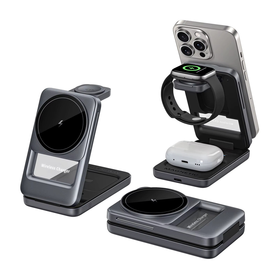 XIKCU 3-in-1 Magnetische Kabellose Ladestation für iPhone 12 bis 17, Apple Watch und AirPods Pro, Faltbarer Desktop-Ständer, Farbe: Silber - Bild 7