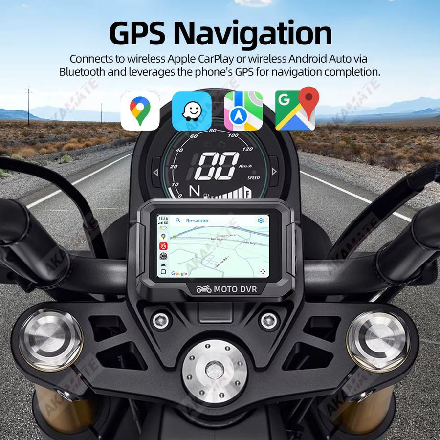 AKAMATE Motorrad Navigation Monitor mit 3,4 Zoll HD Digital Display, CarPlay, Android Auto und Bluetooth, wasserdicht, Schwarz - Bild 2