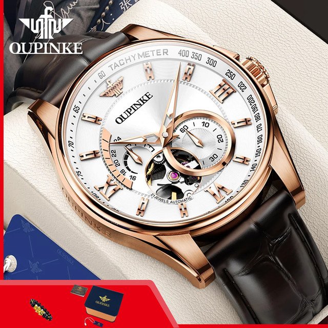 OUPINKE Armbanduhr Automatik, Leder, Blau, Roségold, Herren - Bild 1