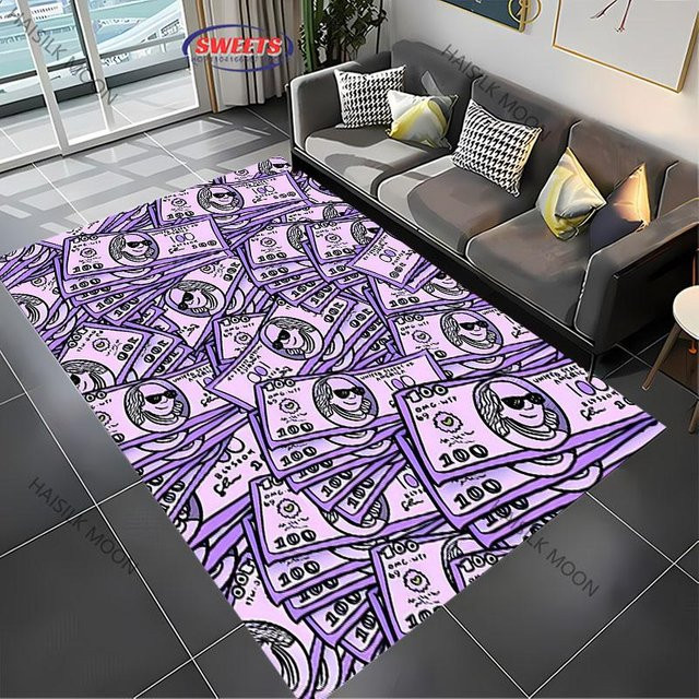 Miniso Teppich mit Dollar-Aufdruck in Lila, rutschfeste Cartoon-Matte aus Polyester, B/T: 150 x 200 cm - Bild 1