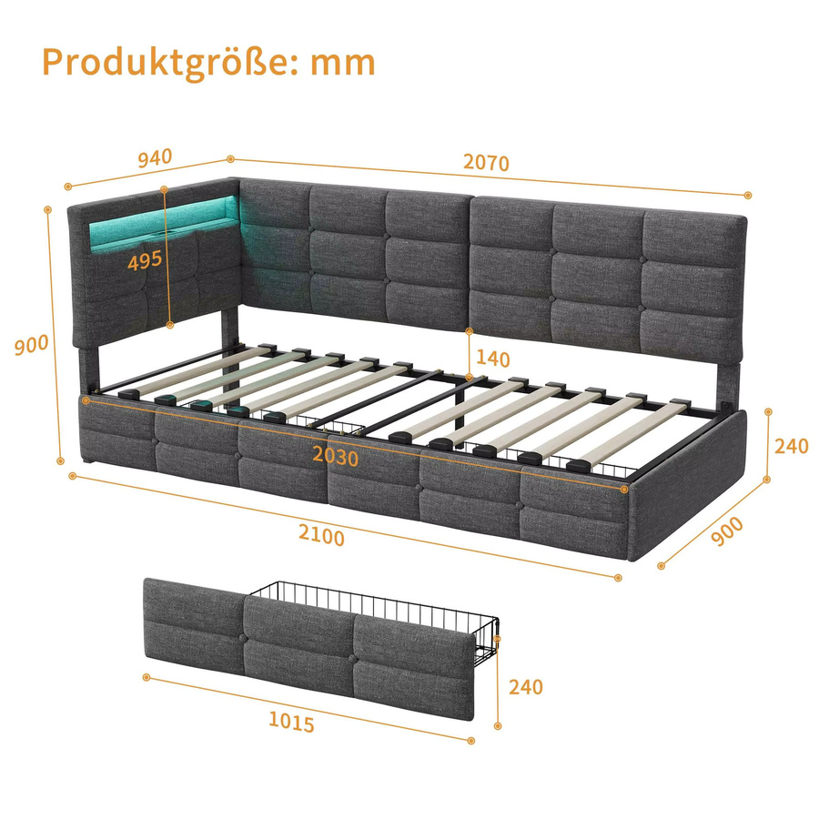 Rosahqnda Schlafsofa mit LED-Beleuchtung und USB-Anschluss, gepolstertes Einzelbett mit Schubladen und hydraulischem Mechanismus, Grau, B/T/H: 90 x 200 cm - Bild 4