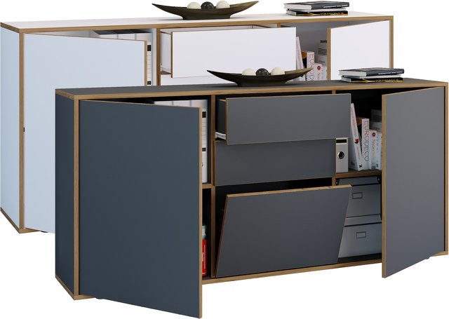 VCM Salia Holz Kommode Sideboard in Grau mit Drehtüren, Schubladen und Klappe, H x B x T: 74 x 160 x 33 cm - Bild 1