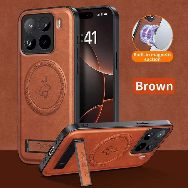Magnetische Leder-Schutzhülle mit Musiknoten-Muster und integriertem Ständer für Xiaomi 15T Pro und 14T in Braun - Bild 1