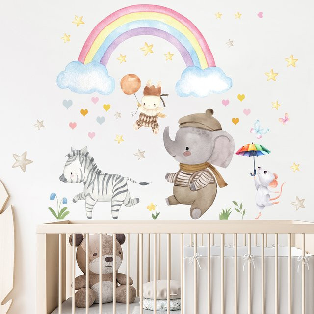 BRUP Wandtattoo Cartoon Regenbogen mit Elefant und Zebra in Mehrfarbig für Kinderzimmer und Babyzimmer - Bild 1