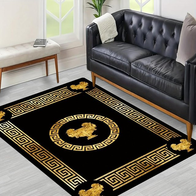 Wucifang Jewelry Ethnischer Flanellteppich in Schwarz und Gold, waschbarer Teppich für Wohnzimmer, Schlafzimmer oder Flur, B/B: 50 x 80 cm - Bild 1
