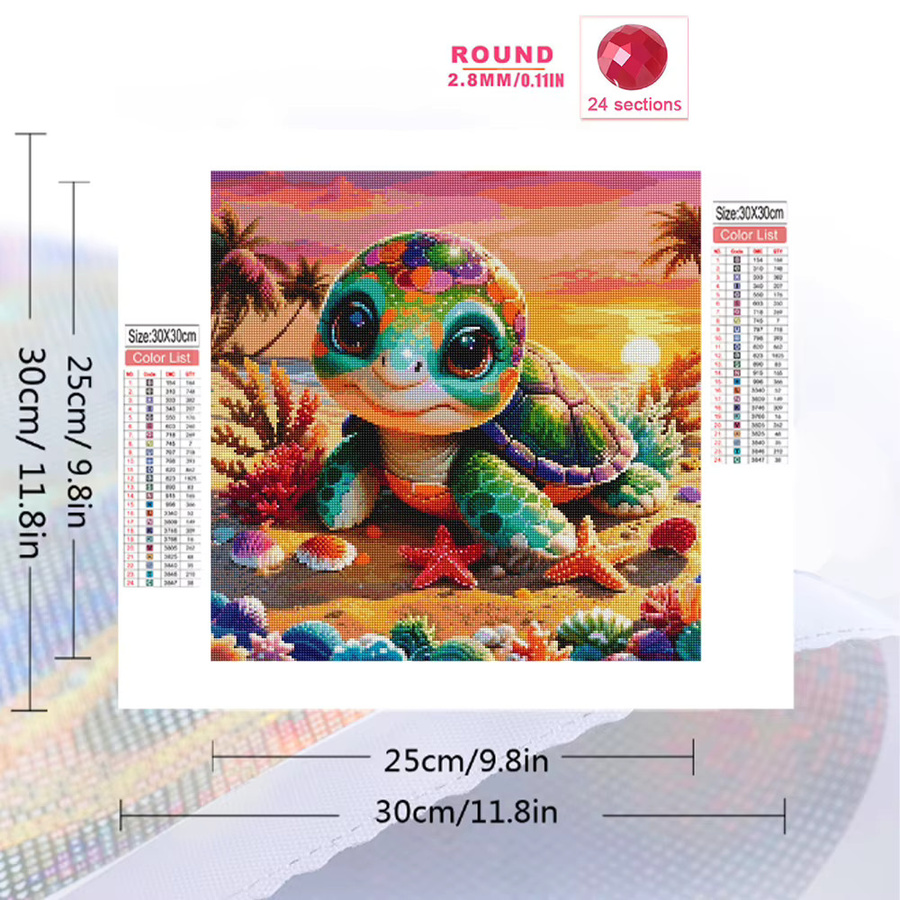 Momoart Diamantmalerei Schildkröte als DIY Kreuzstich Set, Runde Wandkunst im Cartoon-Stil, Mehrfarbig, Durchmesser: 20 cm - Bild 2