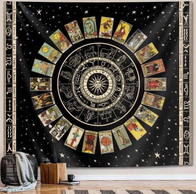 VIKAMA Tarot-Sternzeichenrad-Wandteppich mit Mandala- und Sternen-Design in Multicolour, Astrologie-Wandbehang im Boho-Stil für deine Schlafzimmerdekoration - Bild 1