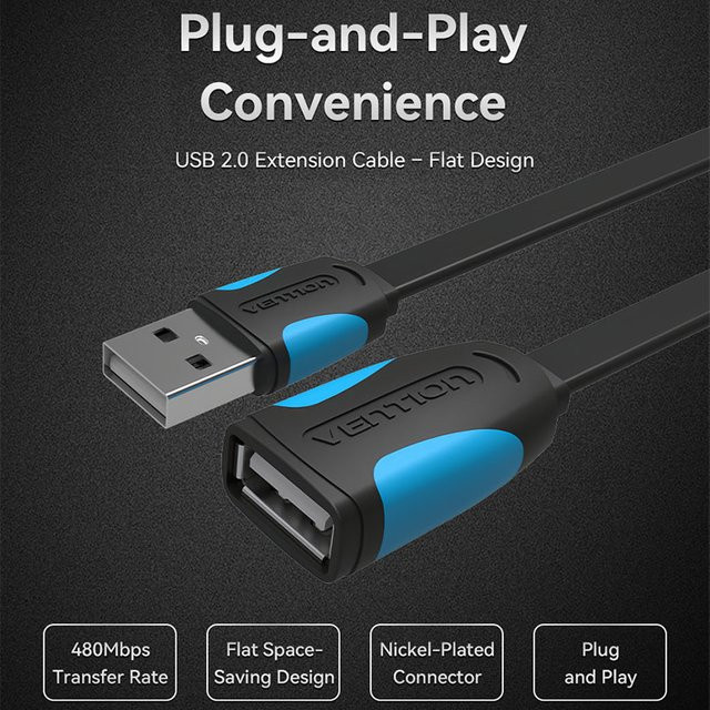 Vention USB 2.0 Verlängerungskabel in Schwarz, Stecker auf Buchse für Laptop und PC - Bild 1