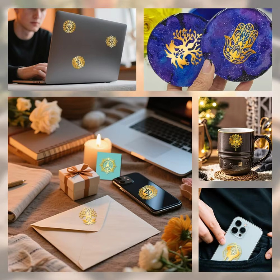 9 Stück Lotus selbstklebende Metall Aufkleber in Gold mit Om und Heiliger Geometrie, wasserdichte Mandala Aufkleber für Sammelalben, Durchmesser: 4 cm - Bild 4