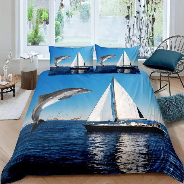 Bettwäsche-Set mit 3D-Delfin-Motiv in Blau von Your Warm Home, bestehend aus Bettbezug und Kissenbezügen aus Polyester, Breite: 140 cm, Länge: 210 cm - Bild 1