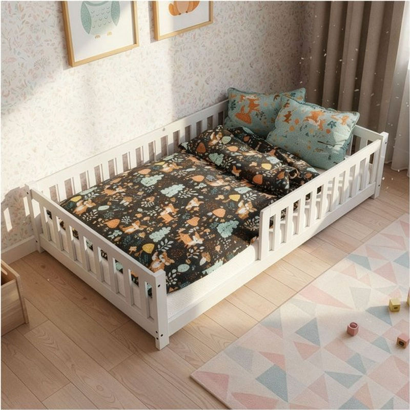 Juskys Kinderbett Naya Montessori Bodenbett aus Massivholz in Weiß, B: 120 cm, T: 200 cm - Bild 3