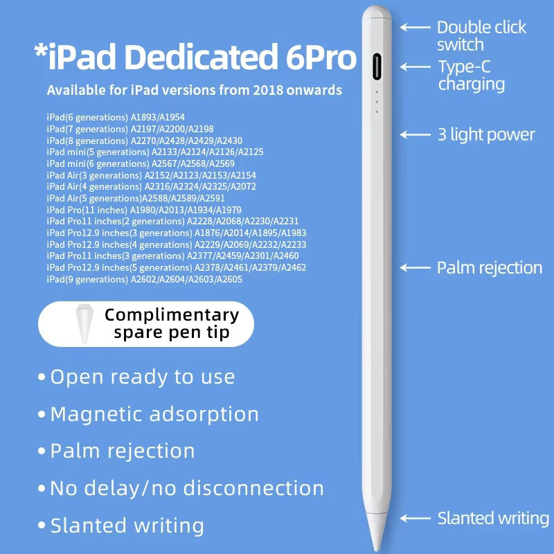 Aktiver Eingabestift für Apple iPad mit kapazitiver Handflächenabweisung und magnetischer Adsorption zum Schreiben und Malen, kompatibel mit Modellen von 2018 bis 2024 - Bild 3
