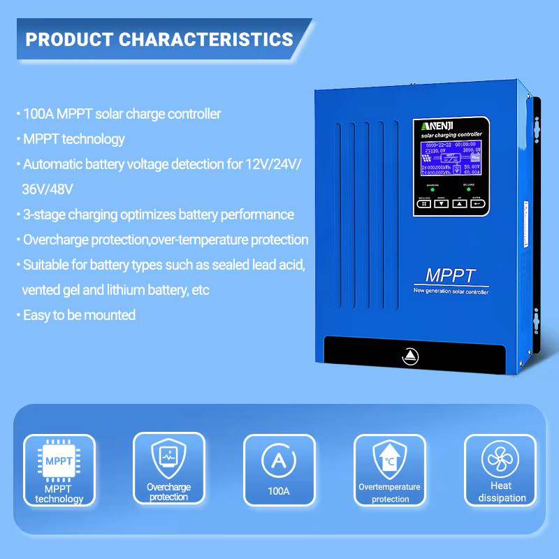 ANENJI 100A Solarladeregler für 12V/24V/36V/48V Batterien mit LCD-Hintergrundbeleuchtung und BTS-Funktion, Blau - Bild 2