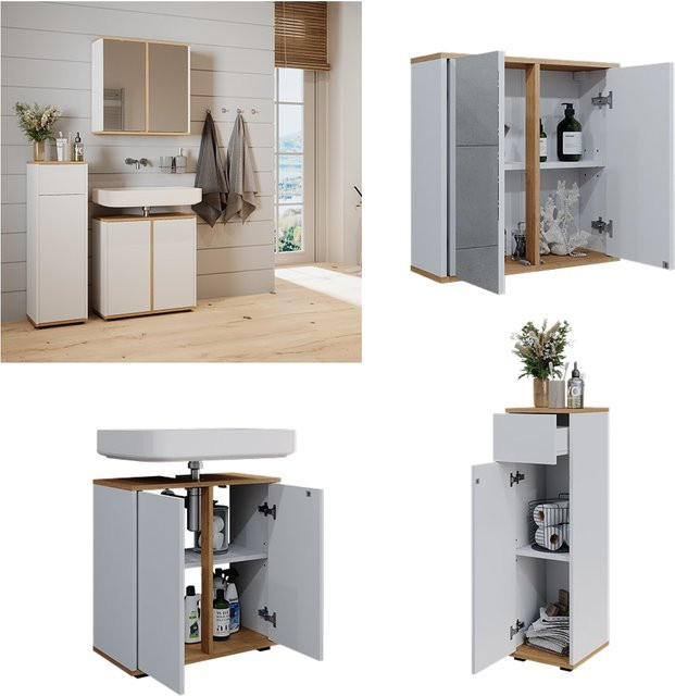 Vicco Badmöbel-Set Didi in Weiß und Eiche, 3-teilig mit Midischrank und Schublade - Bild 1