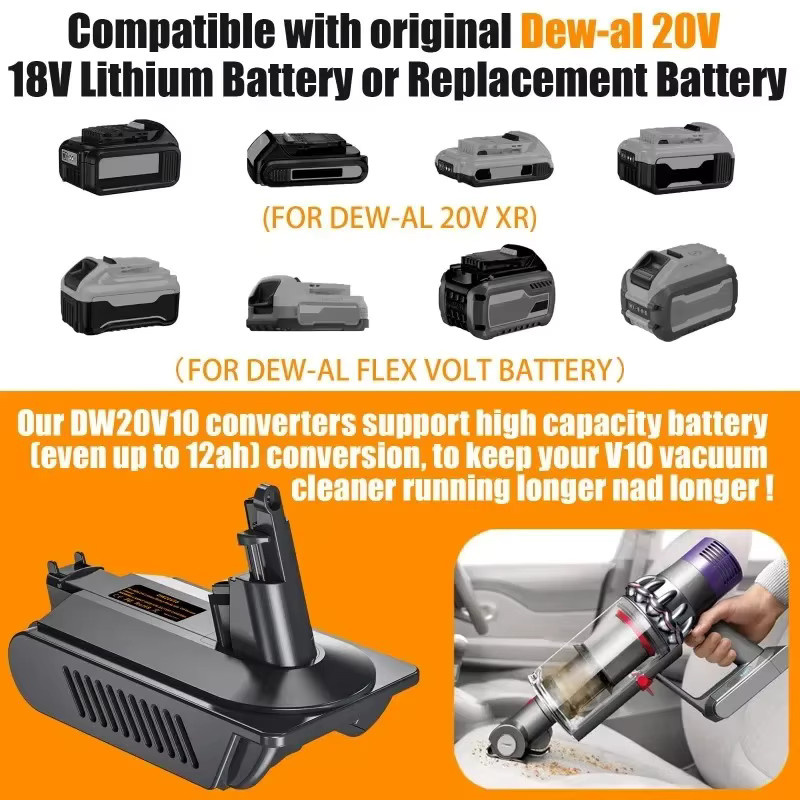 DW20V10 Batteriekonverter Schwarz für Dewalt 18/20 V Lithiumbatterien, kompatibel mit Dyson V10 Animal Hair Staubsauger - Bild 5