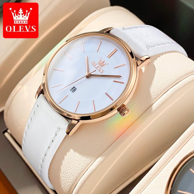 OLEVS Armbanduhr, Quarz, Leder, Roségold, Weiß, Damen - Bild 1