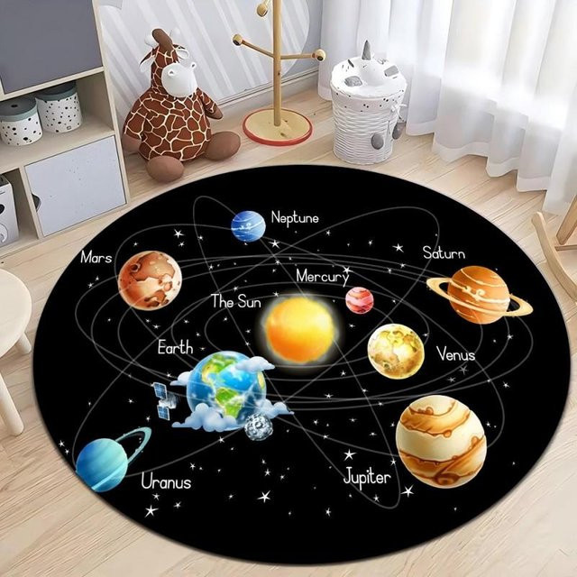Runder Teppich mit Weltraum-Planet-Motiv von Lodestar in Schwarz, Durchmesser: 40 cm - Bild 1