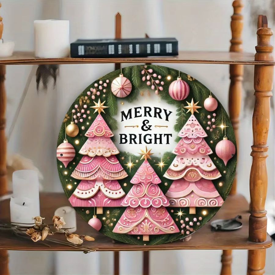 Potdemiel Metallschildkranz mit Weihnachtsmotiv in Rosa, runde Bauernhausdekoration - Bild 5