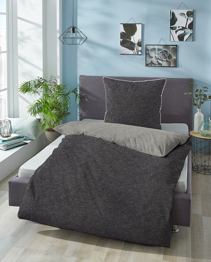 Biberna Bettwäsche aus Flanell in Anthrazit Grau, B/H: 155 x 220 cm mit Kissenbezug 80 x 80 cm - Bild 1