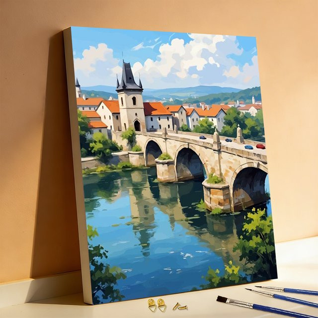 Huacan Malen nach Zahlen Set Landschaft mit Brücke, Haus und Fluss als handgemaltes digitales Ölgemälde auf Leinwand, Mehrfarbig - Bild 1