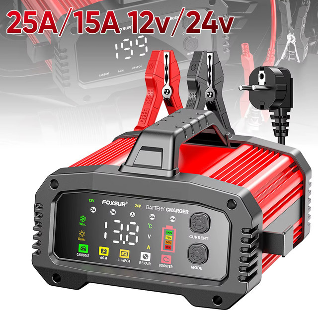 Lenovo Automatisches Autobatterie-Ladegerät in Rot mit intelligenter Impulsreparatur für AGM- und Nass-Blei-Säure-Batterien, 12V/24V, 25A/15A mit Auto-Booster und 8-stufigem Ladevorgang - Bild 1