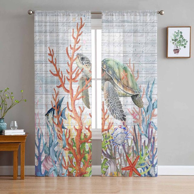 Super Six Chiffon-Fenstervorhang mit Meeresmotiven in Multicolour, Breite: 135 cm, Höhe: 137 cm - Bild 1