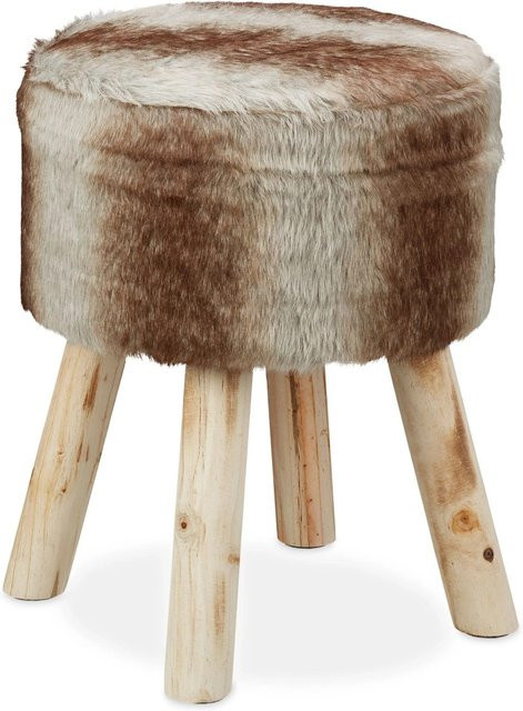 Relaxdays Fellhocker aus Polyester in Braun und Grau, gepolsterter Hocker mit Kiefernholz-Gestell, B/T/H: 42 x 33 x 33 cm - Bild 1